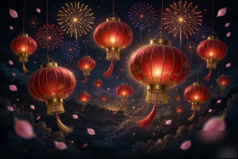Glowing red and gold lanterns floating in a night sky