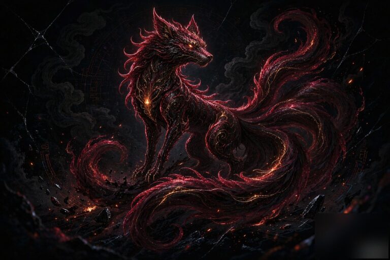 A glowing crimson mythical fox spirit from the Classic of Mountains and Seas
