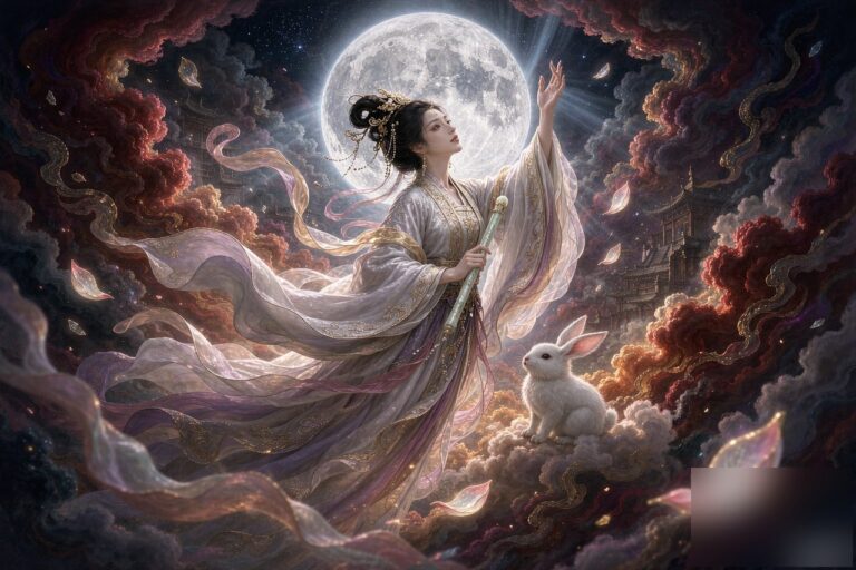 The moon goddess Chang'e ascending toward a glowing full moon