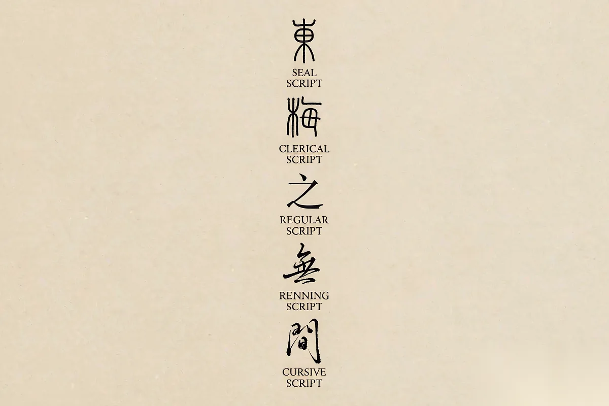 Five script styles, from ancient seal to wild cursive.