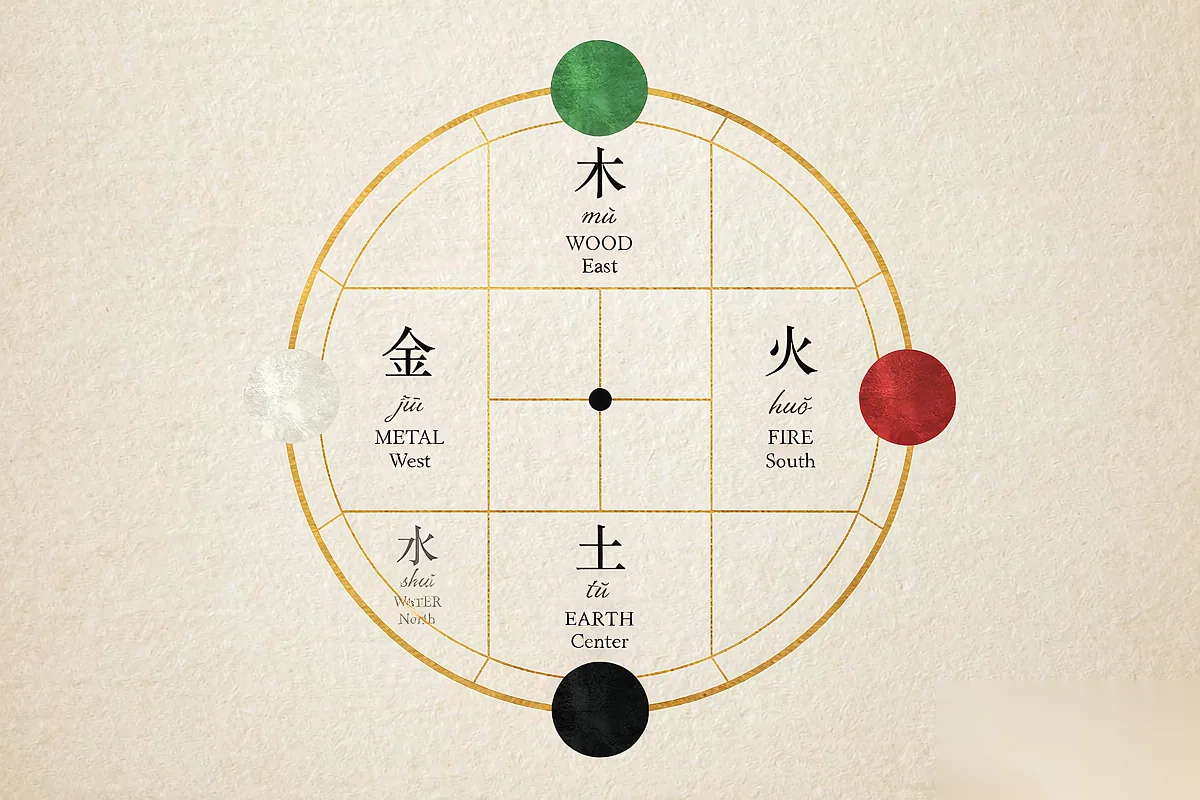 The five colors map to five elements and five directions.