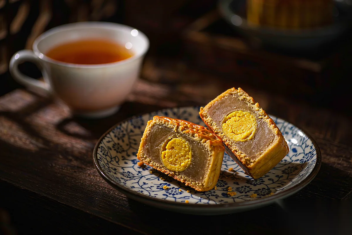 Lotus paste and salted egg yolk — the classic mooncake.