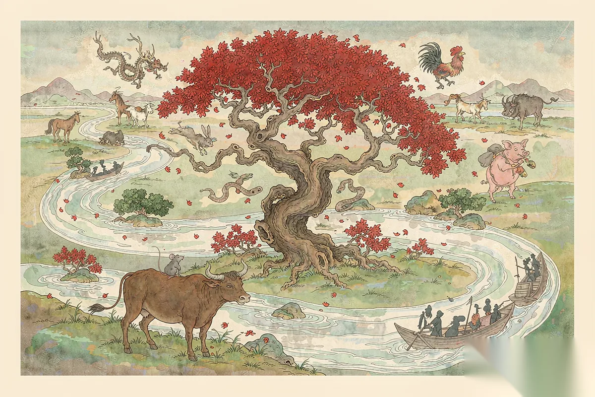 The Jade Emperor's race: the rat hitched a ride on the ox — and won.